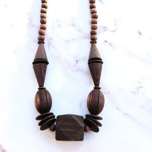 Wood Bead Necklace Abstract Geometric Ethnographic Graduated 25"